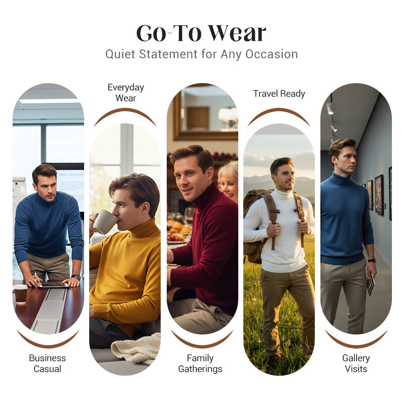 A men's solid color premium turtleneck sweater by Arenzza, featuring a close-up of the soft fabric and classic fit.