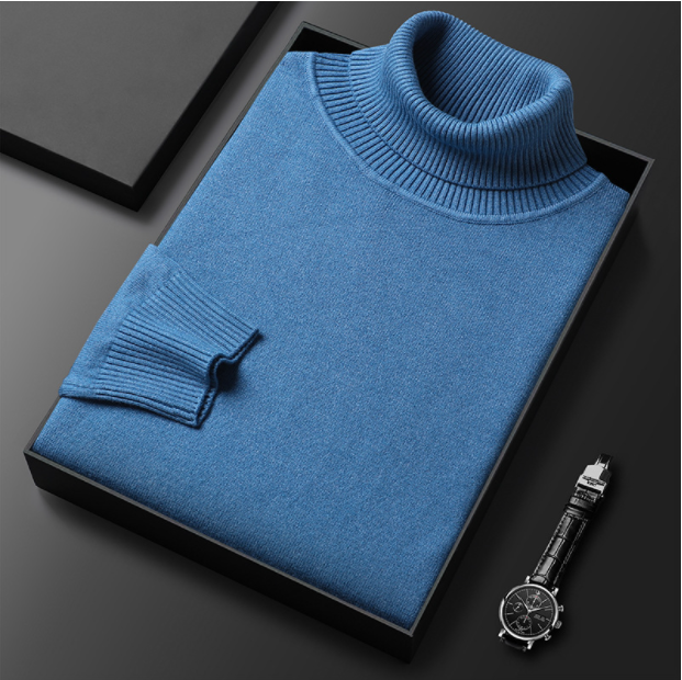 A men's solid color premium turtleneck sweater by Arenzza, featuring a close-up of the dark-colored knit fabric and turtleneck collar.