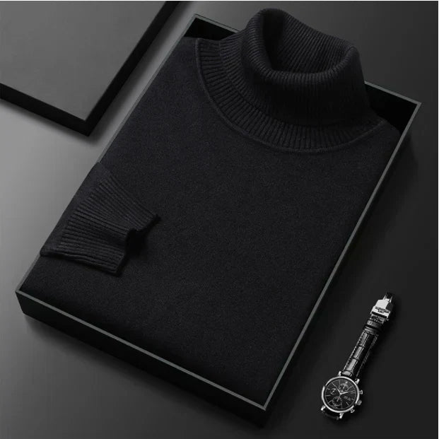 A men's solid color premium turtleneck sweater by Arenzza, shown in a close-up image highlighting the fabric and fit.
