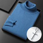 A men's solid color premium turtleneck sweater from Arenzza, shown in a close-up of the fabric and neckline detail.
