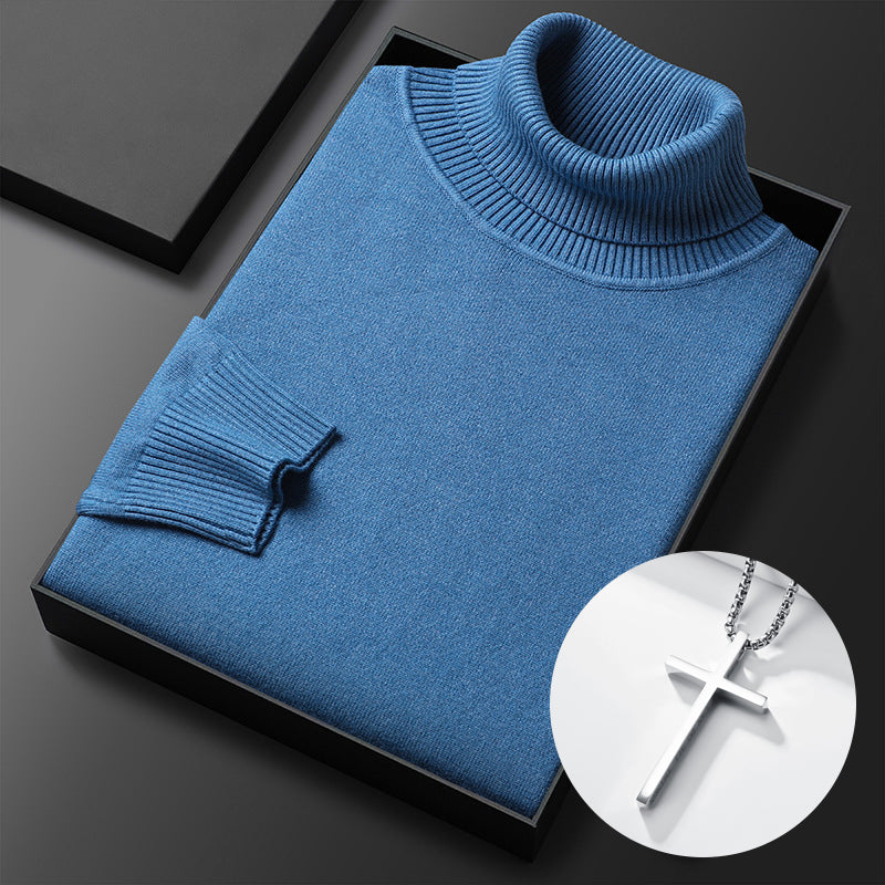 A men's solid color premium turtleneck sweater from Arenzza, shown in a close-up of the fabric and neckline detail.