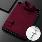 A men's solid color premium turtleneck sweater from Arenzza, featuring a close-up of the soft fabric and classic fit.