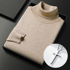 A men's solid color premium turtleneck sweater by Arenzza, featuring a close-up of the soft, fitted fabric in a neutral tone.