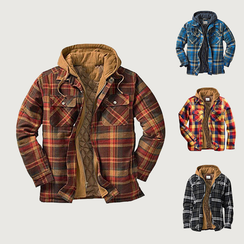 Amen's plaid quilted jacket with hood from Arenzza, featuring a warm lined interior and stylish outdoor-ready design.