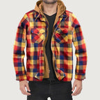 A men's quilted lined plaid jacket with hood from Arenzza, featuring a stylish checkered pattern and cozy winter design.