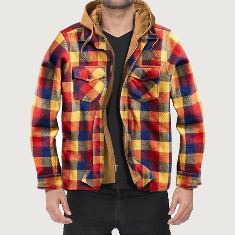 A men's quilted lined plaid jacket with hood from Arenzza, featuring a stylish checkered pattern and cozy winter design.