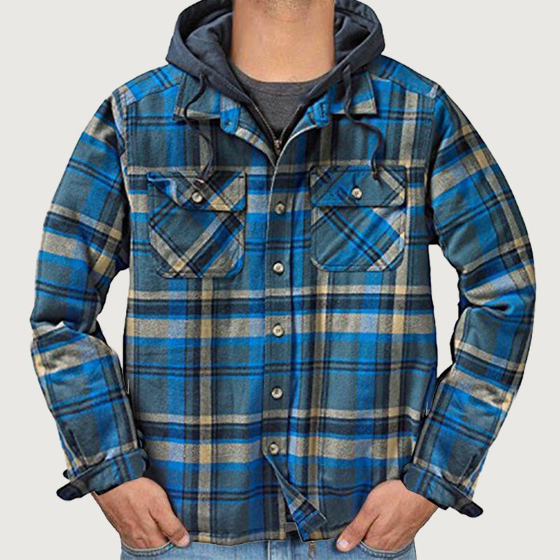 A men's Arenzza quilted plaid jacket with hood, featuring a warm lining perfect for cold weather outdoor wear.