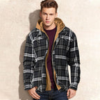 A men's Arenzza plaid jacket with quilted lining and hood, perfect for cold weather, shown in a stylish outdoor setting.