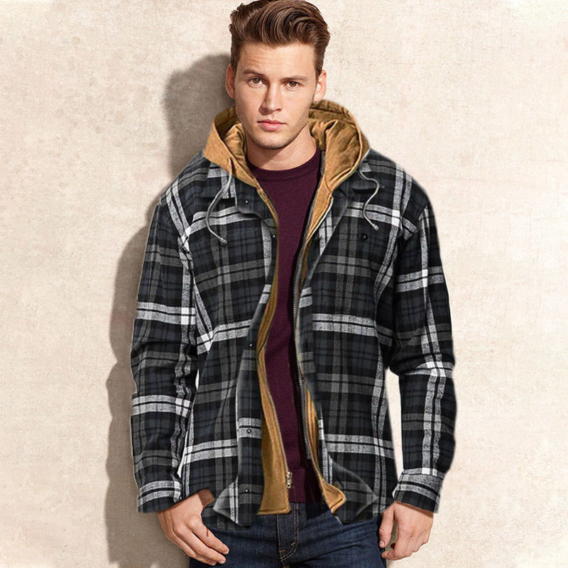 A men's Arenzza plaid jacket with quilted lining and hood, perfect for cold weather, shown in a stylish outdoor setting.