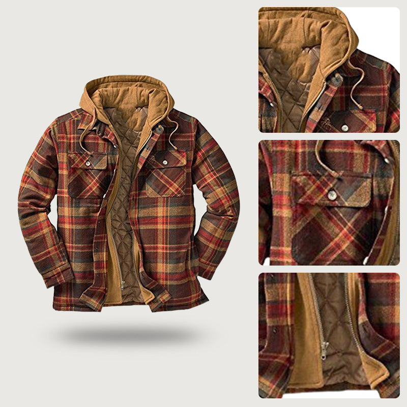 A man wearing a quilted lined plaid jacket with hood from Arenzza, showcasing the stylish men's outerwear.