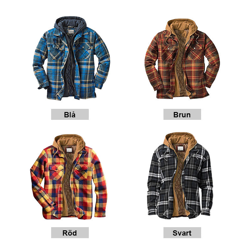 A men’s plaid quilted lined jacket with a hood, featuring a stylish checkered pattern and warm insulation, by Arenzza.