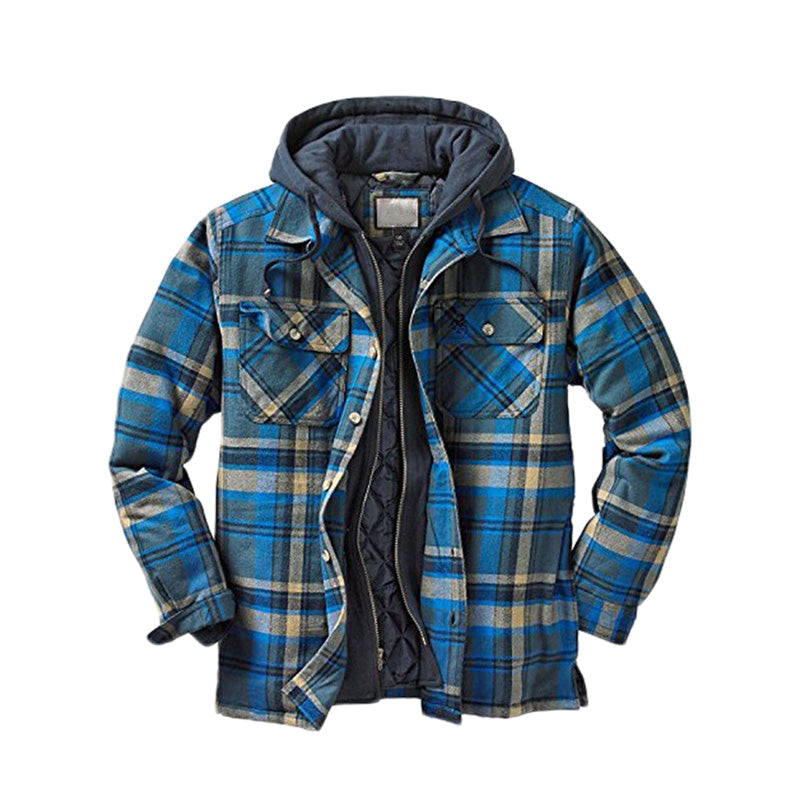 A men’s quilted lined plaid jacket with hood from Arenzza, showcasing a stylish outdoor clothing design.