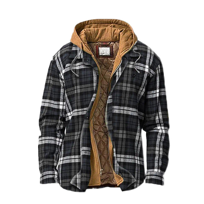 A men's quilted lined plaid jacket with hood from Arenzza, featuring a stylish checkered pattern and cozy winter design.