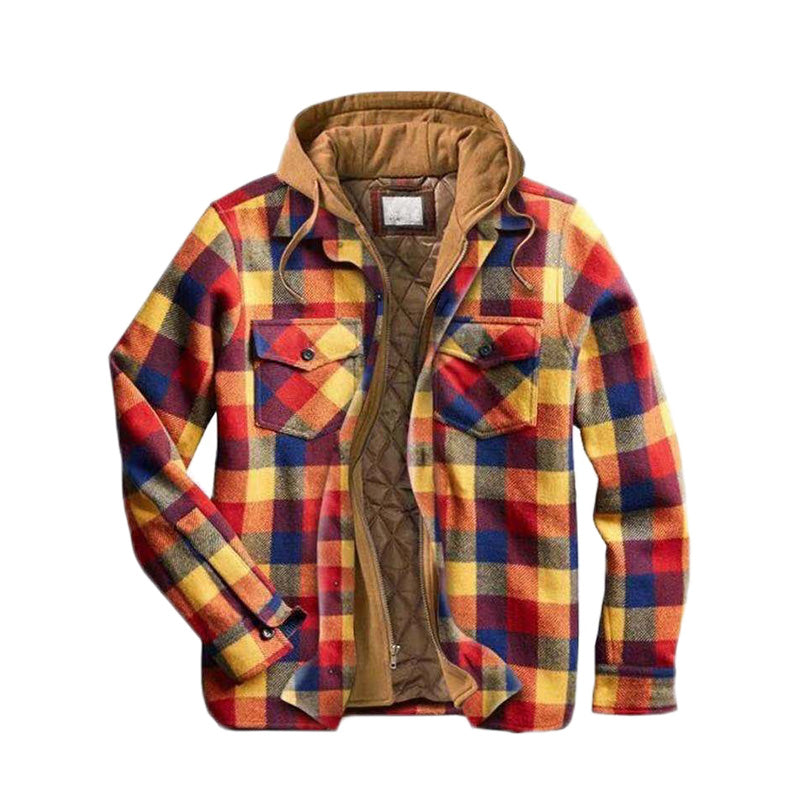 A men’s Arenzza quilted lined plaid jacket with hood, featuring a classic checkered pattern and warm, cozy design for cold weather.