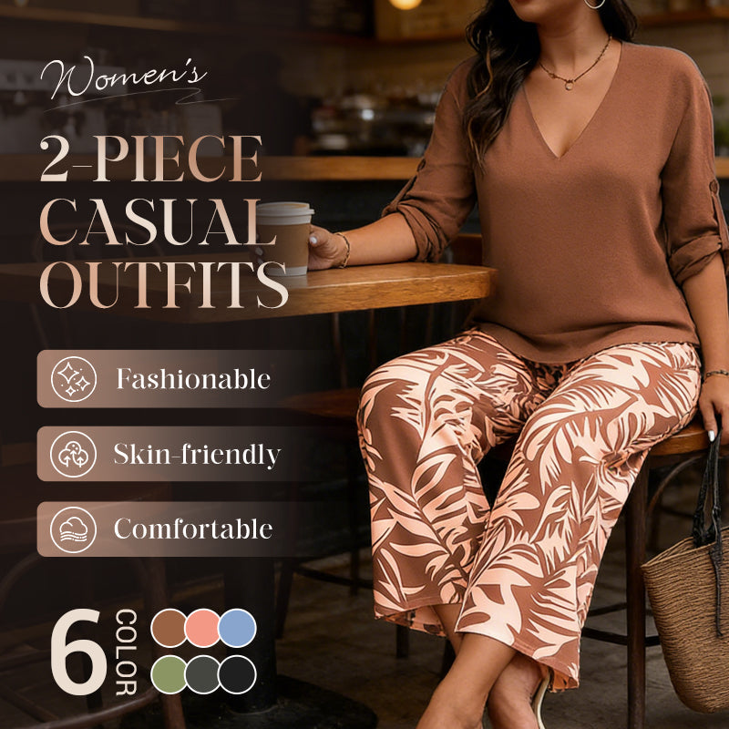 Aarenza women's V-neck blouse and printed wide-leg pants set, stylish clothing with floral print, perfect for casual wear.