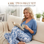 Aarenza women's V-neck blouse and printed wide-leg pants set, stylish clothing with a modern, comfortable fit.