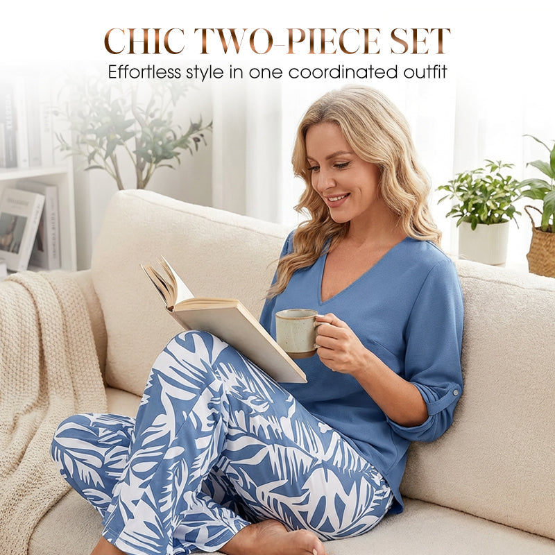 Aarenza women's V-neck blouse and printed wide-leg pants set, stylish clothing with a modern, comfortable fit.