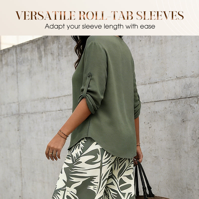 Aarenza women's V-neck blouse and printed wide-leg pants set, stylish clothing with floral print, perfect for casual or semi-formal wear.