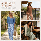 Arenzza women's V-neck blouse and printed wide-leg pants set, stylish clothing ensemble for casual or office wear.
