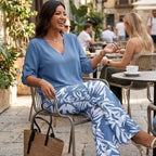 Aarenza women's V-neck blouse and printed wide-leg pants set, stylish clothing with a vibrant pattern and comfortable fit.