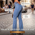 A pair of Arenzza stretch flare jeans with high waist, displayed in a natural pose, showcasing the fit and style.