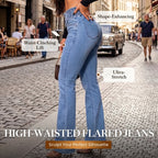 A pair of Arenzza stretch flare jeans with high waist, displayed in a natural pose, showcasing the fit and style.