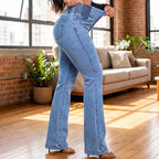 A pair of Arenzza stretch flare jeans with a high waist, shown on a hanger in neutral lighting.