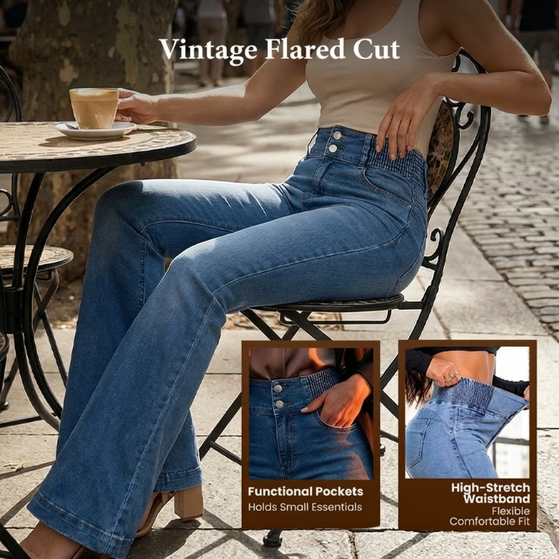 A pair of Arenzza stretch flare jeans with high waist, shown on a model, featuring a stylish fit and classic denim look.