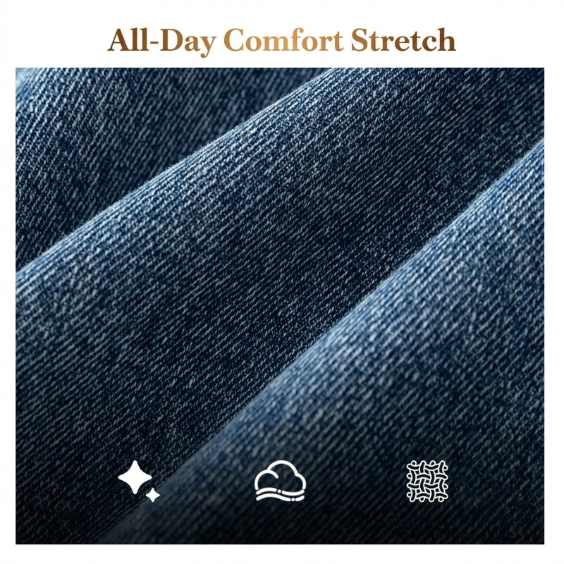 A pair of Arenzza stretch flare jeans with a high waist, showcasing a trendy fit and dark denim fabric.