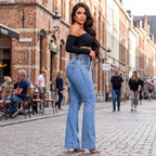 A pair of high-waist, stretch flare jeans from Arenzza, featuring a stylish fit and classic denim look.