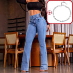 A pair of Arenzza stretch flare jeans with a high waist, shown on a model, highlighting the fit and stylish design.