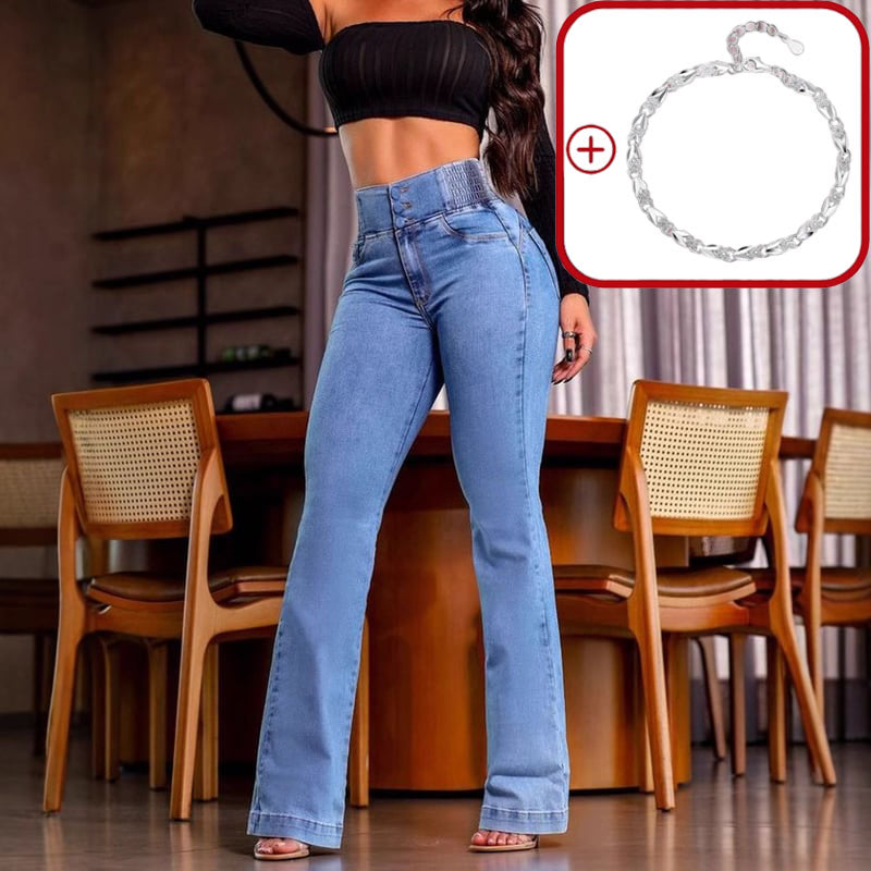 A pair of Arenzza stretch flare jeans with a high waist, shown on a model, highlighting the fit and stylish design.