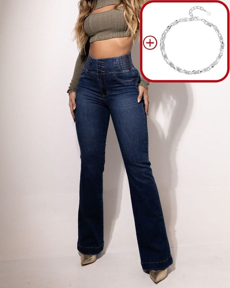 A pair of Arenzza stretch flare jeans with high waist, showcasing a fashionable fit and stylish denim design.