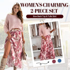 A woman wears a cream crew neck top and printed belted skirt set by Arenzza, showcasing the coordinated clothing ensemble.