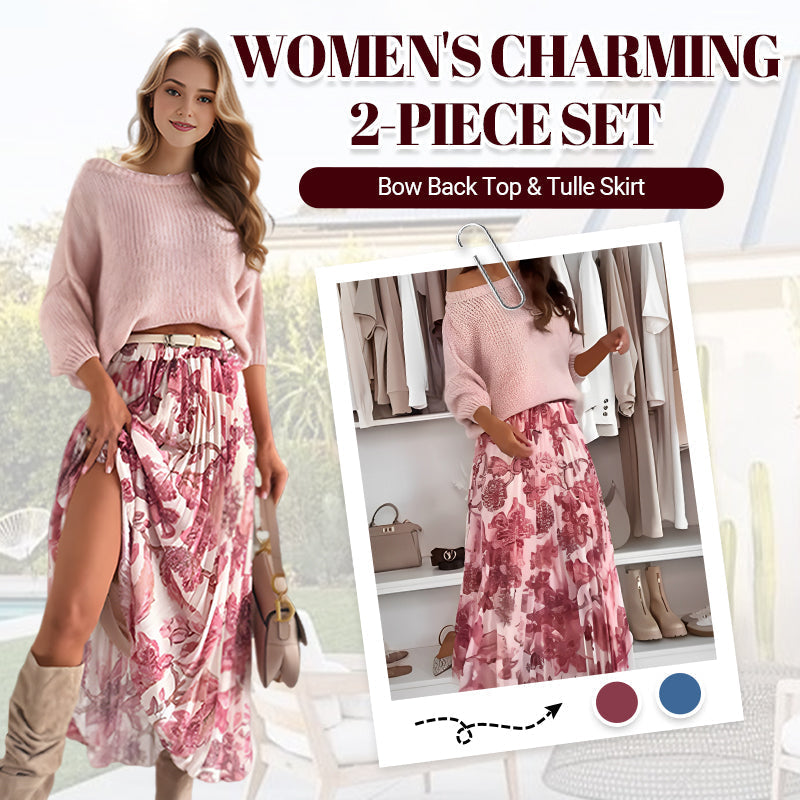 A woman wears a cream crew neck top and printed belted skirt set by Arenzza, showcasing the coordinated clothing ensemble.