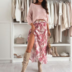 Arenzza crew neck top and printed belted skirt set displayed together, showcasing the stylish clothing and accessories on a neutral background.