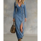 Aarenza women's long sleeve V-neck maxi dress in a flowing fabric, perfect for elegant and comfortable style.