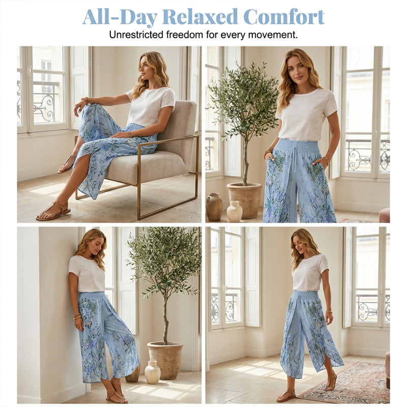 Arenzza women's floral print high-waist wide-leg pants featuring a colorful floral pattern and relaxed fit for stylish comfort.