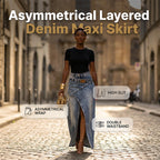 Women’s layered waist denim maxi skirt by Arenzza, featuring a stylish, flowing design with layered detail and a high waist.