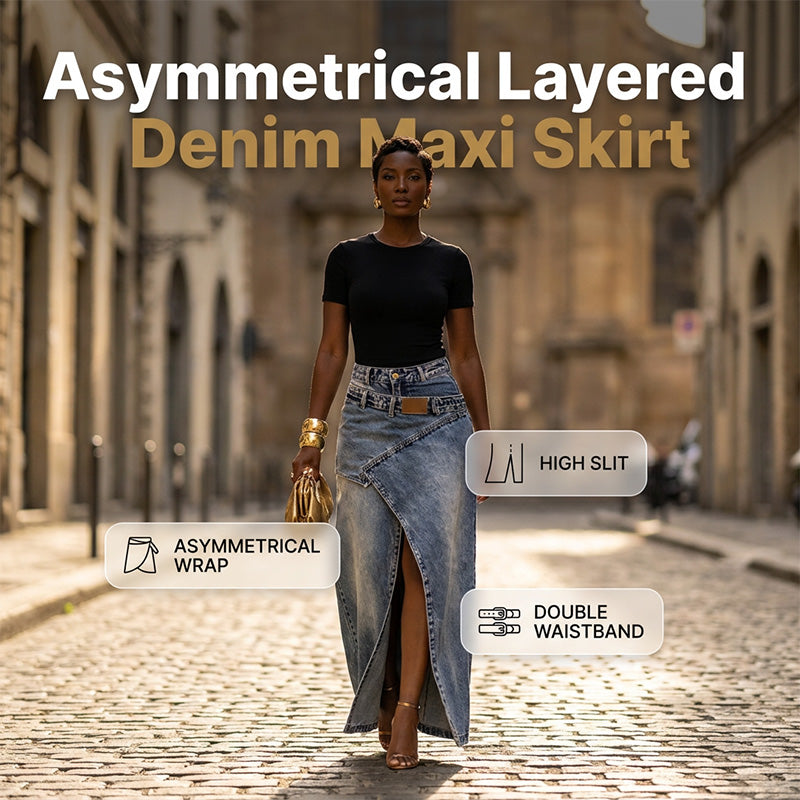 Women’s layered waist denim maxi skirt by Arenzza, featuring a stylish, flowing design with layered detail and a high waist.
