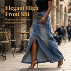A woman wears a layered waist denim maxi skirt by Arenzza, showcasing its long length and stylish layered design.