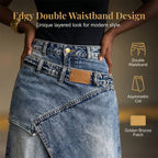 A woman wears a layered waist denim maxi skirt from Arenzza, showcasing its flowy design and layered style in a casual setting.