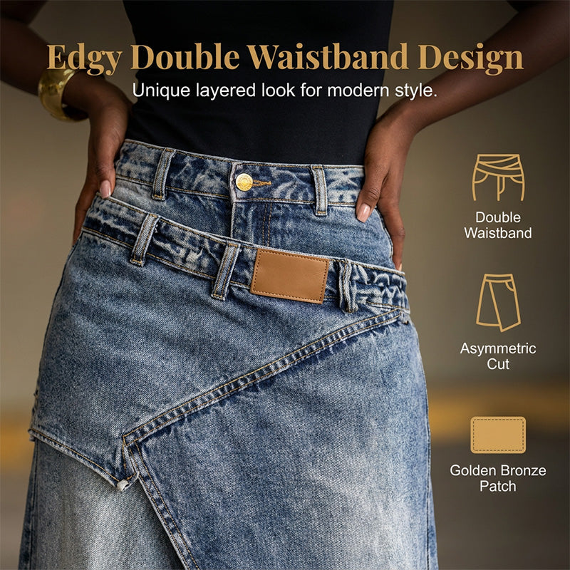 A woman wears a layered waist denim maxi skirt from Arenzza, showcasing its flowy design and layered style in a casual setting.