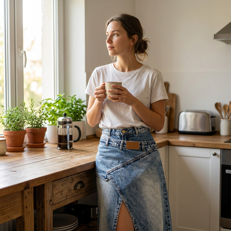 A women’s layered waist denim maxi skirt by Arenzza featuring a flowing design and stylish denim fabric.