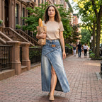 A woman wearing a layered waist denim maxi skirt from Arenzza, showcasing the stylish, flowing denim design and tiered detail.