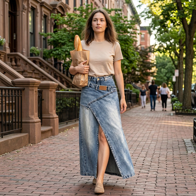 A woman wearing a layered waist denim maxi skirt from Arenzza, showcasing the stylish, flowing denim design and tiered detail.