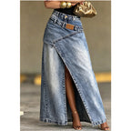 A women's layered waist denim maxi skirt by Arenzza with a flowing design and multiple fabric layers, perfect for casual wear.