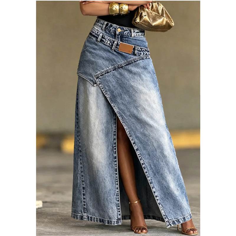A women's layered waist denim maxi skirt by Arenzza with a flowing design and multiple fabric layers, perfect for casual wear.