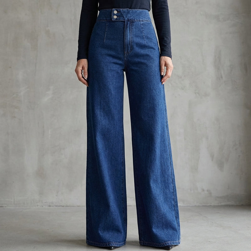 A pair of Arenzza women's high-waist wide-leg jeans hanging on a rack, showcasing their fit and style.