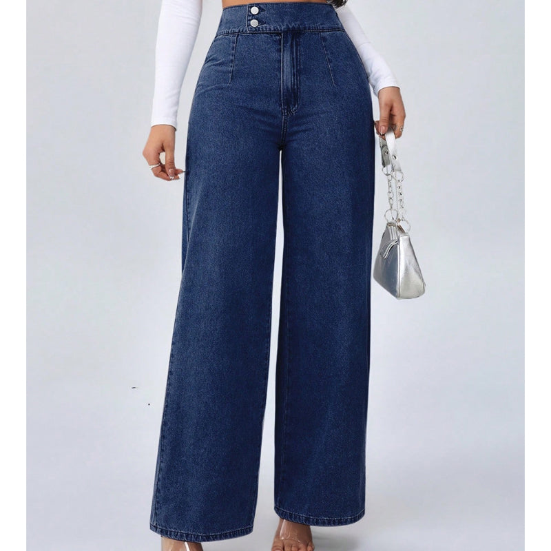A woman wearing Arenzza high-waist wide-leg jeans, showcasing the relaxed fit and stylish silhouette of these women's denim pants.